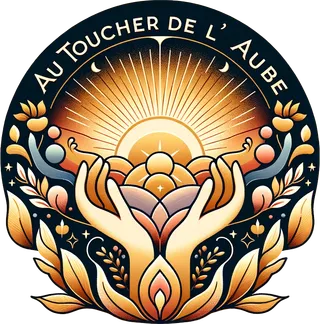 Logo Au Toucher de l'Aube : deux mains accueillant un soleil levant
