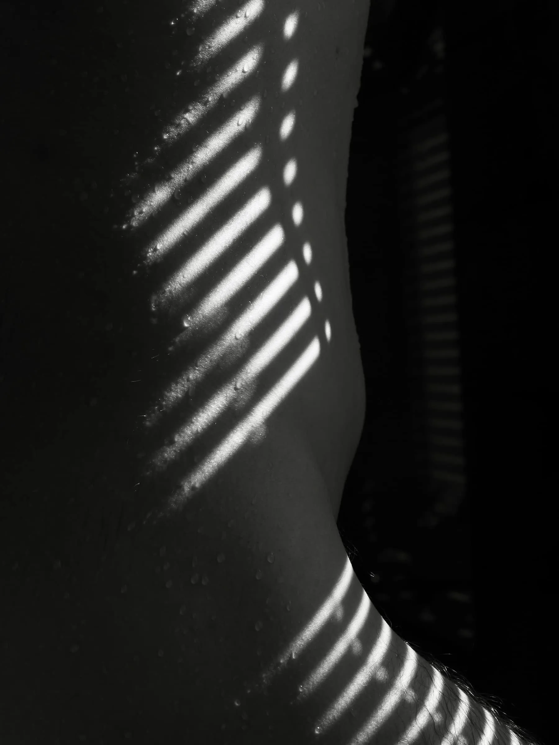 Lumière rayée sur une peau nue, dans la pénombre